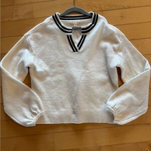 White V-Neck Pullover Sweater with Black Trim - Women